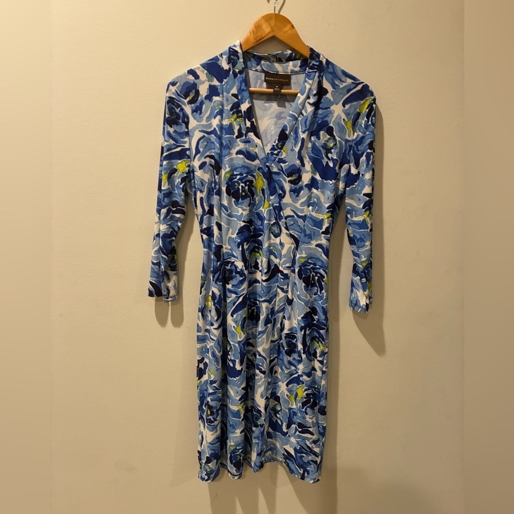 Dana Buchman Blue and Yellow Floral Long Sleeve Dress